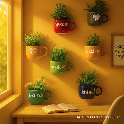 Dream Believe Achieve Repeat Cup planters | Wall Planters Decor | Ceramic Home Decor